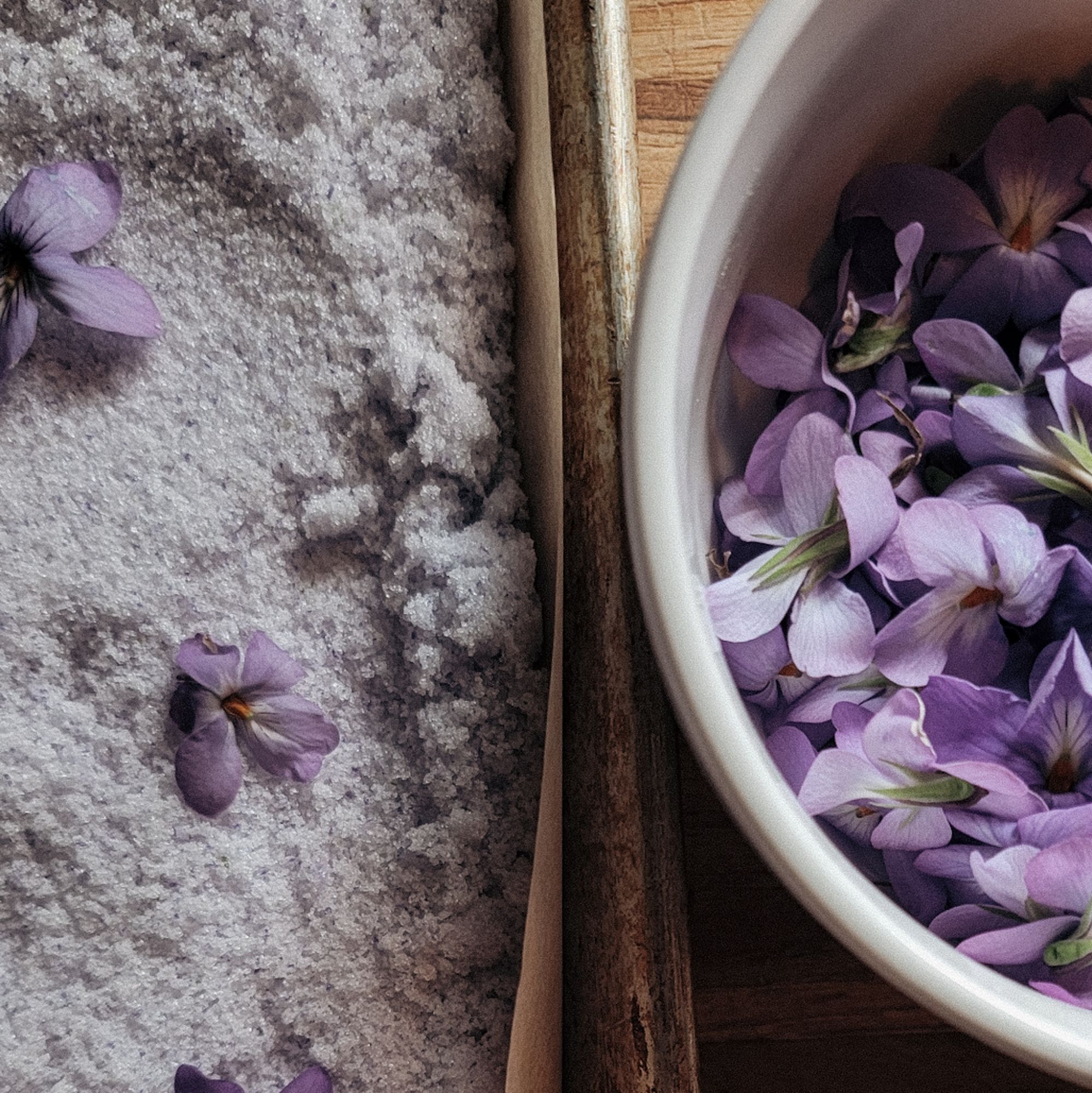 close up of a bowl of wild violets and a sheet of wild violet sugar decorated with wild violets